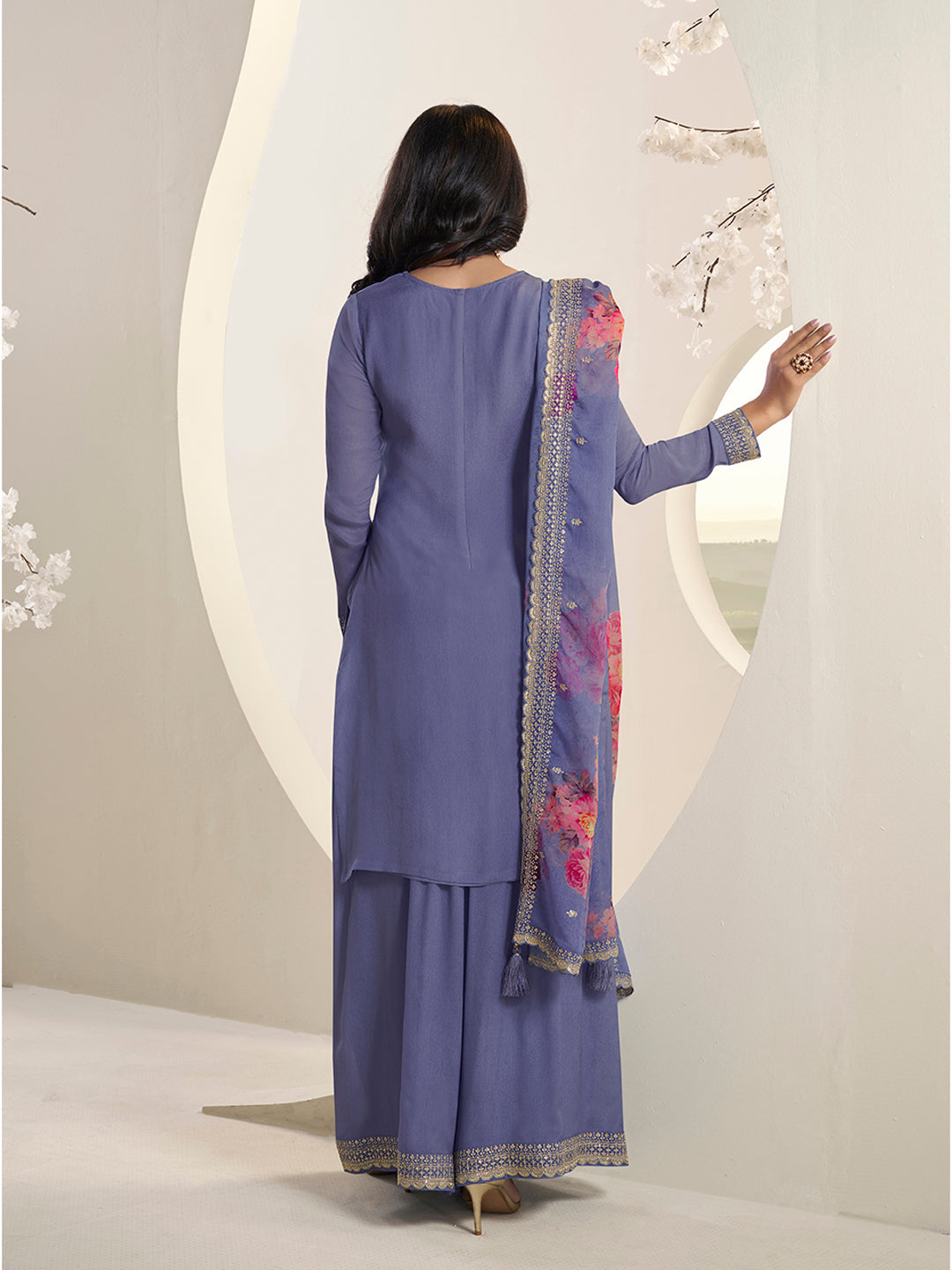 Purple Floral Pattern Sequins Embroidered Sharara Suit Set