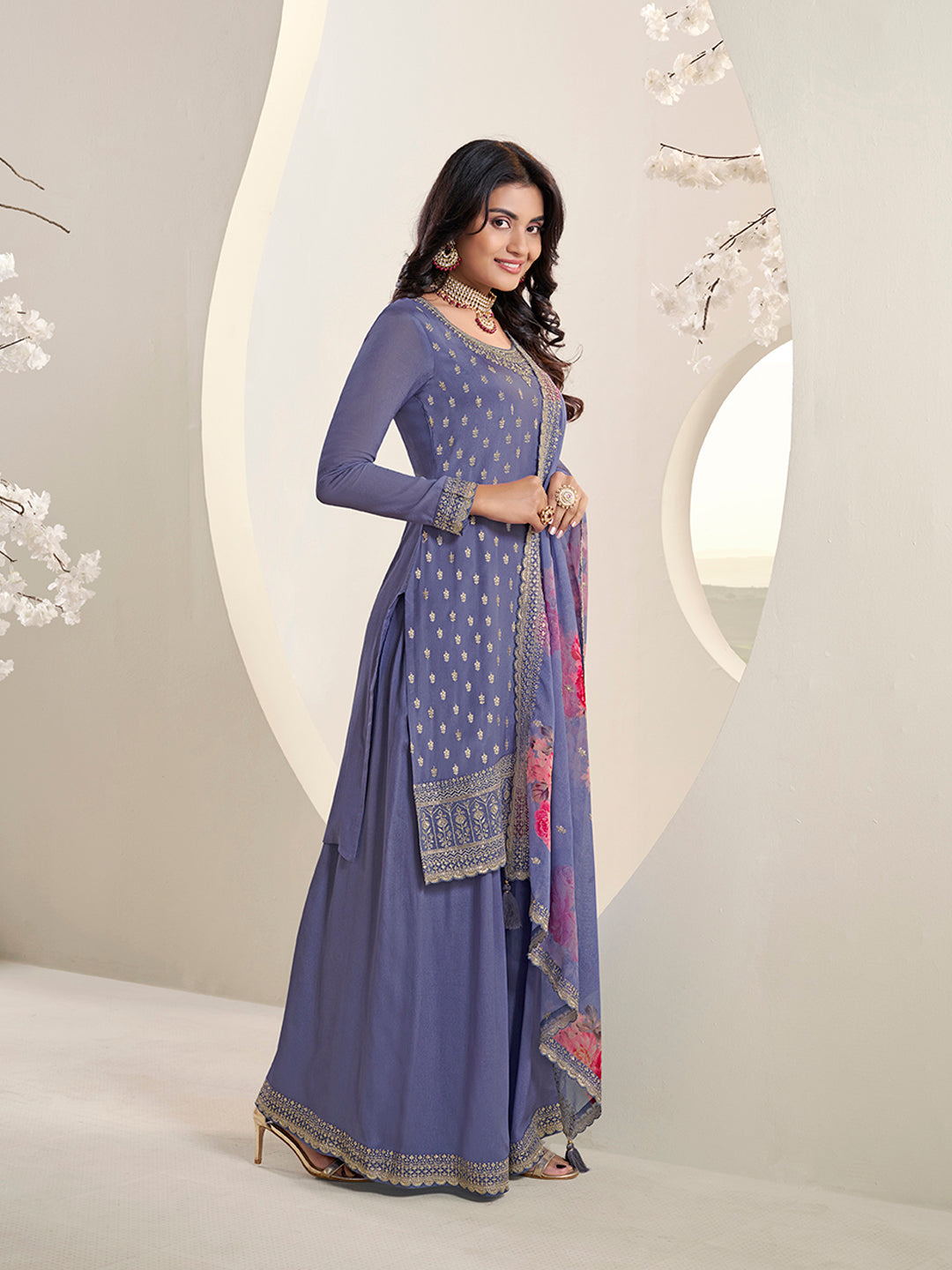 Purple Floral Pattern Sequins Embroidered Sharara Suit Set - qivii