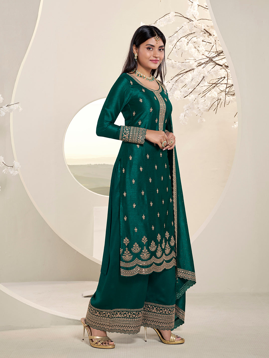 Bottle Green Designer Top Adorned with Exquisite Embroidered Palazzo Suit Set