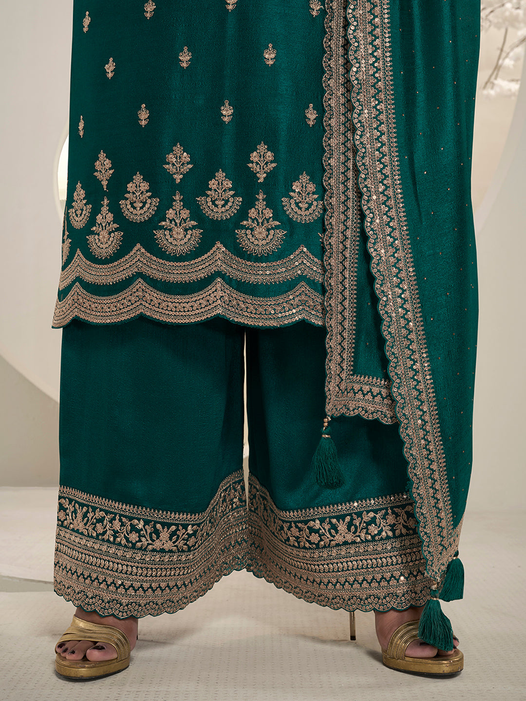 Bottle Green Designer Top Adorned with Exquisite Embroidered Palazzo Suit Set