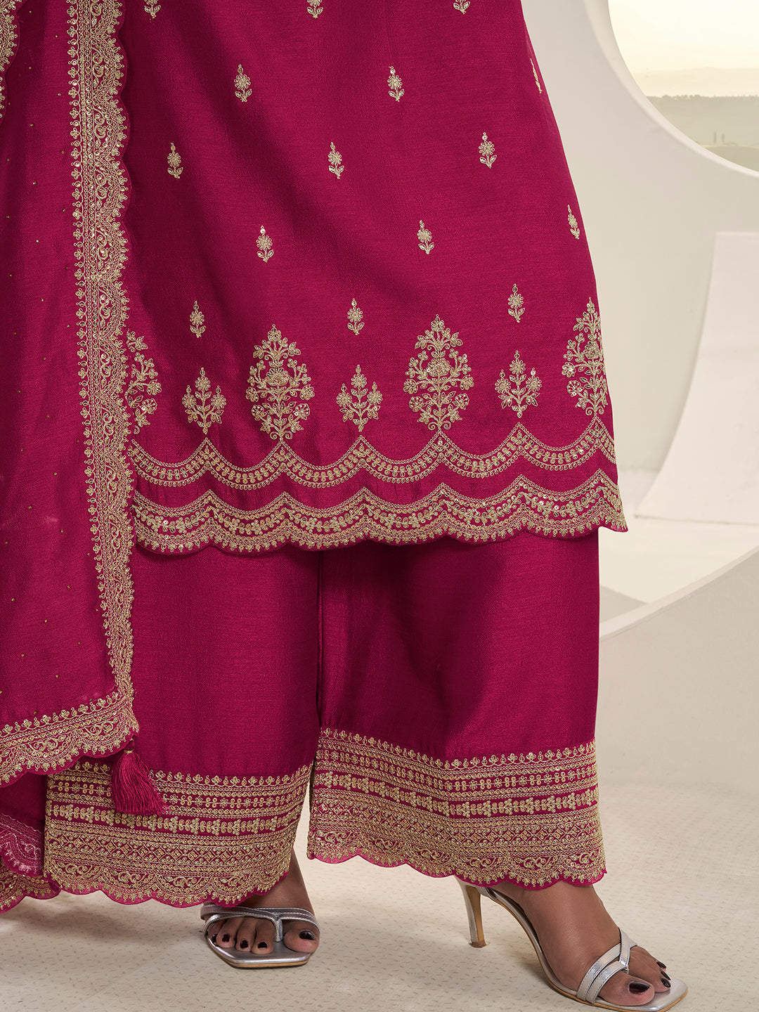 Rani Pink Designer Top Adorned with Exquisite Embroidered Palazzo Suit Set