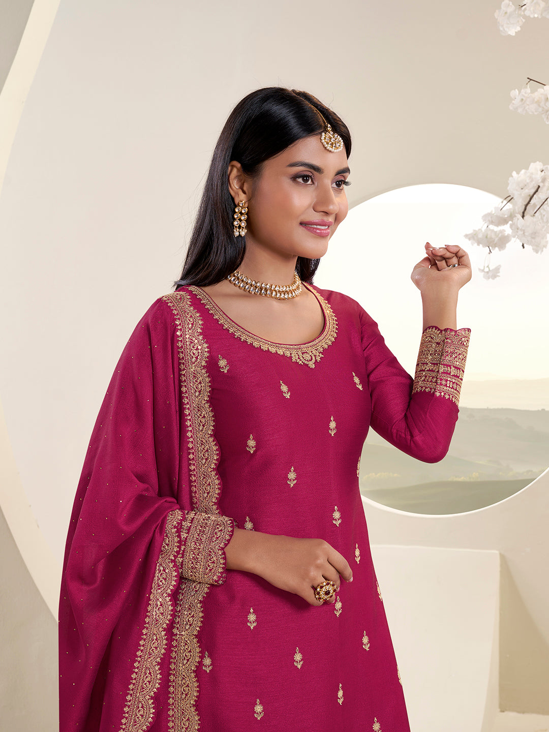 Rani Pink Designer Top Adorned with Exquisite Embroidered Palazzo Suit Set