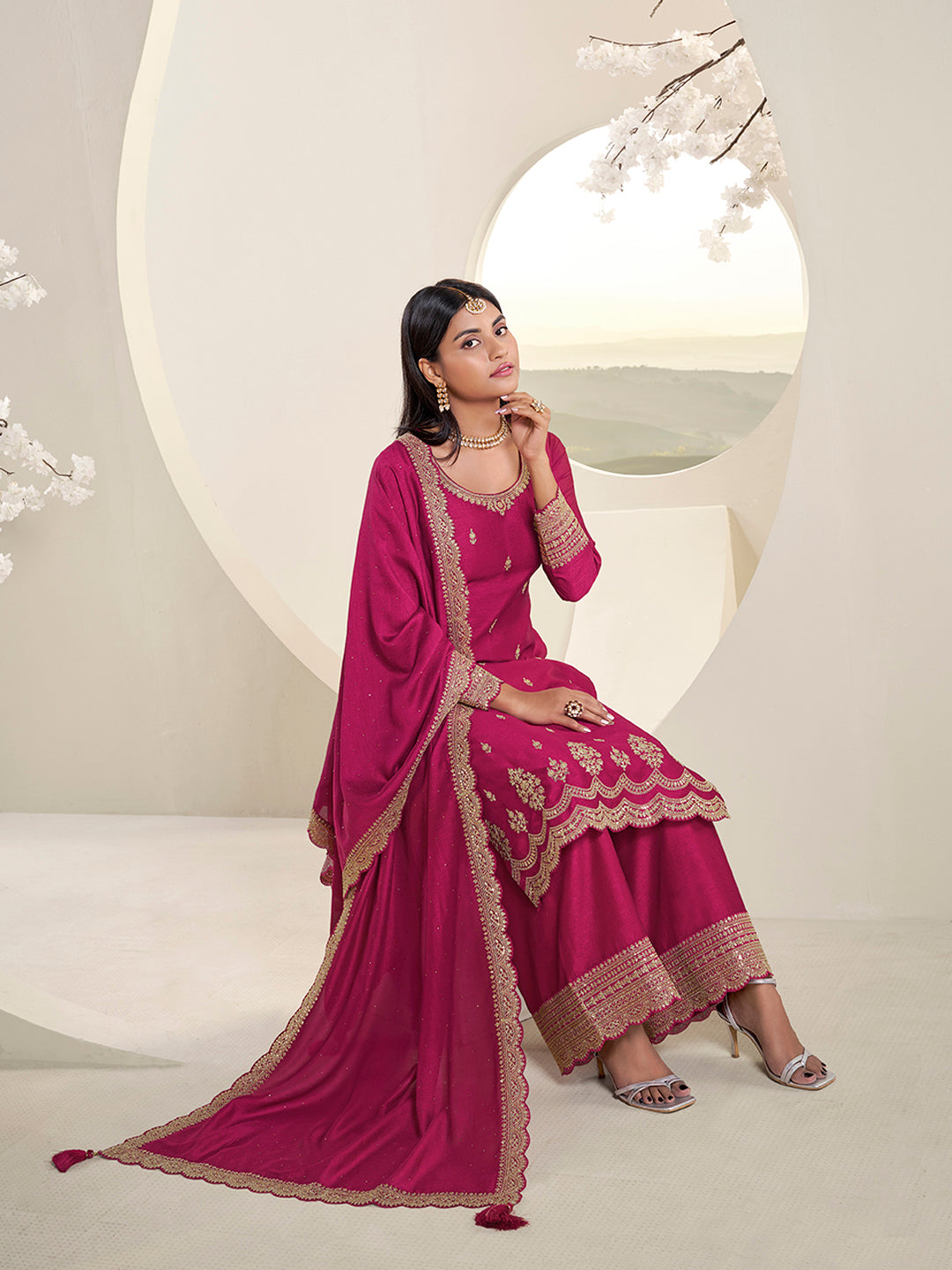 Rani Pink Designer Top Adorned with Exquisite Embroidered Palazzo Suit Set
