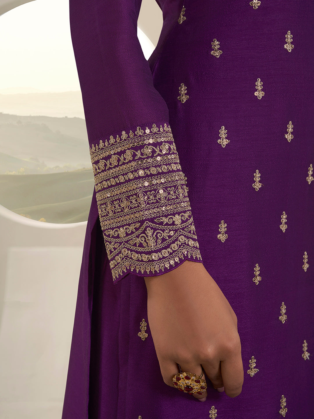 Purple Designer Top Adorned with Exquisite Embroidered Palazzo Suit Set
