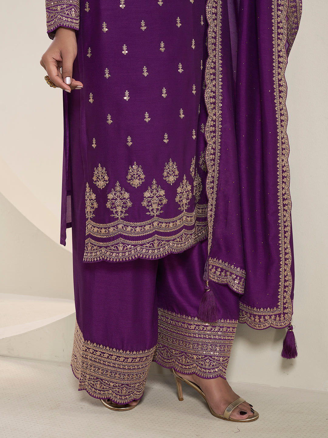 Purple Designer Top Adorned with Exquisite Embroidered Palazzo Suit Set