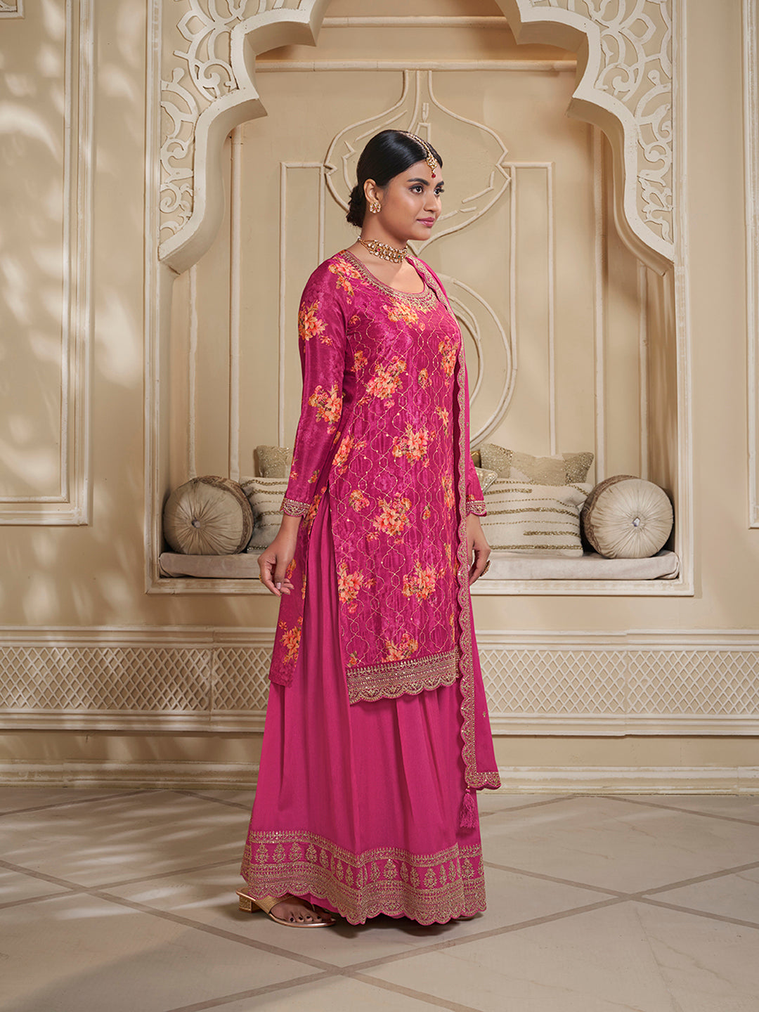 Rani Pink Digital Floral Printed Embroidered Sharara Suit Set