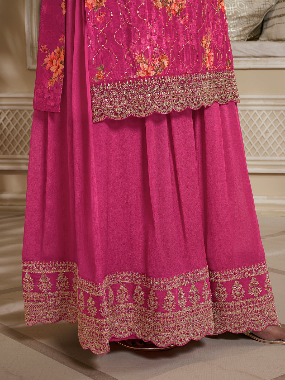 Rani Pink Digital Floral Printed Embroidered Sharara Suit Set