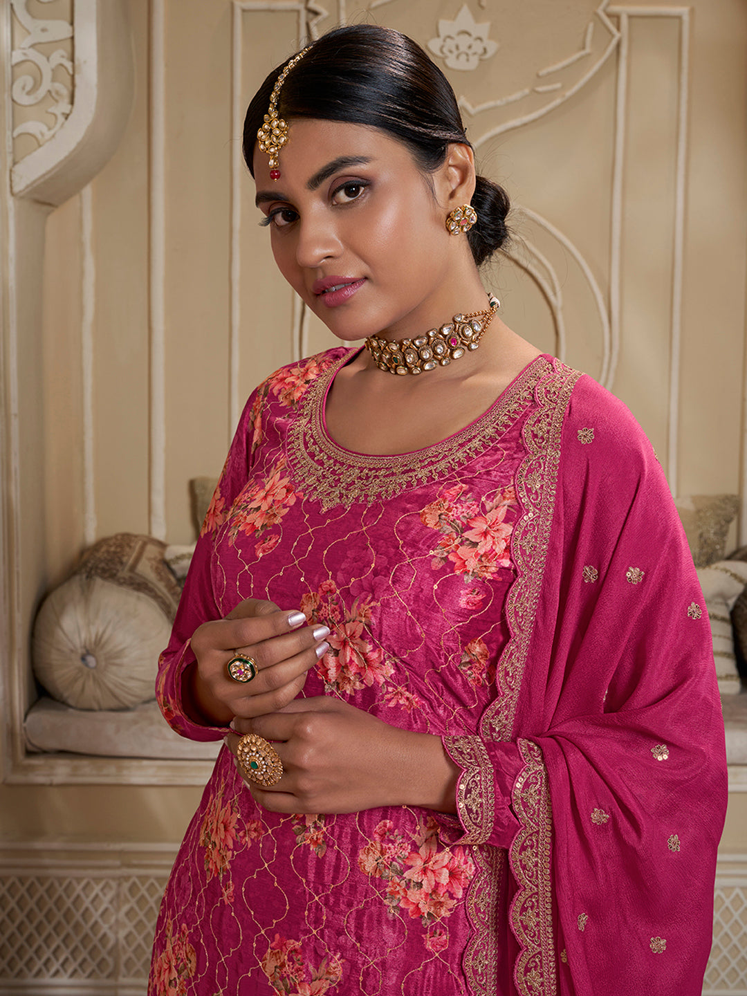 Rani Pink Digital Floral Printed Embroidered Sharara Suit Set