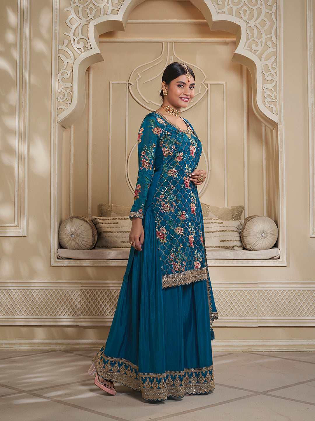 Blue Digital Floral Printed Embroidered Sharara Suit Set