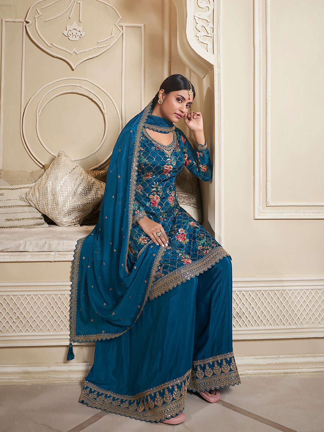 Blue Digital Floral Printed Embroidered Sharara Suit Set - qivii