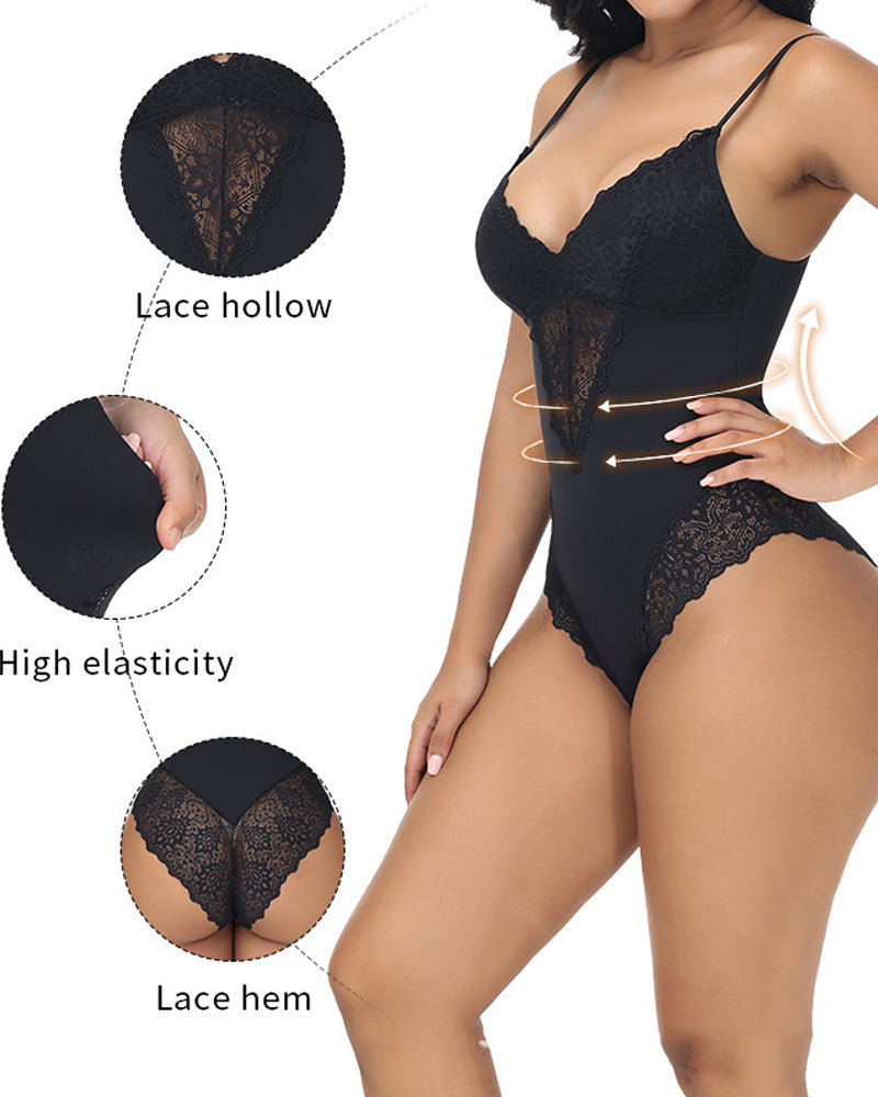 Women's Lace Sheer Spaghetti Strap Cami Bodysuit Sleeveless One Piece Shapewear - By Qivii