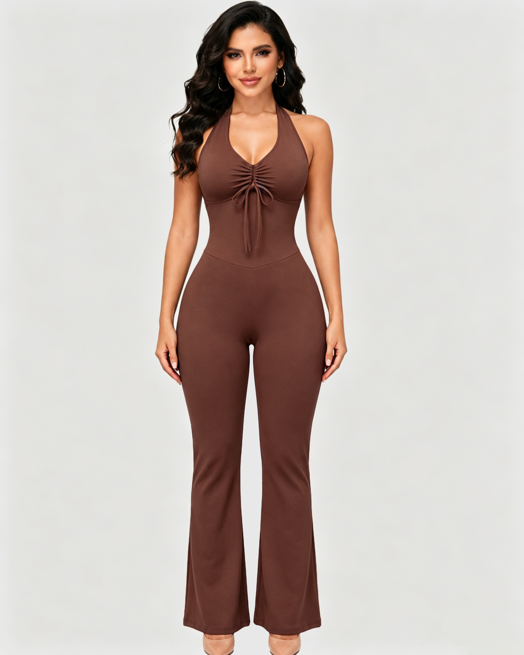 Front Drawstring Halter Mesh Back Flare Leg Jumpsuit - By Qivii