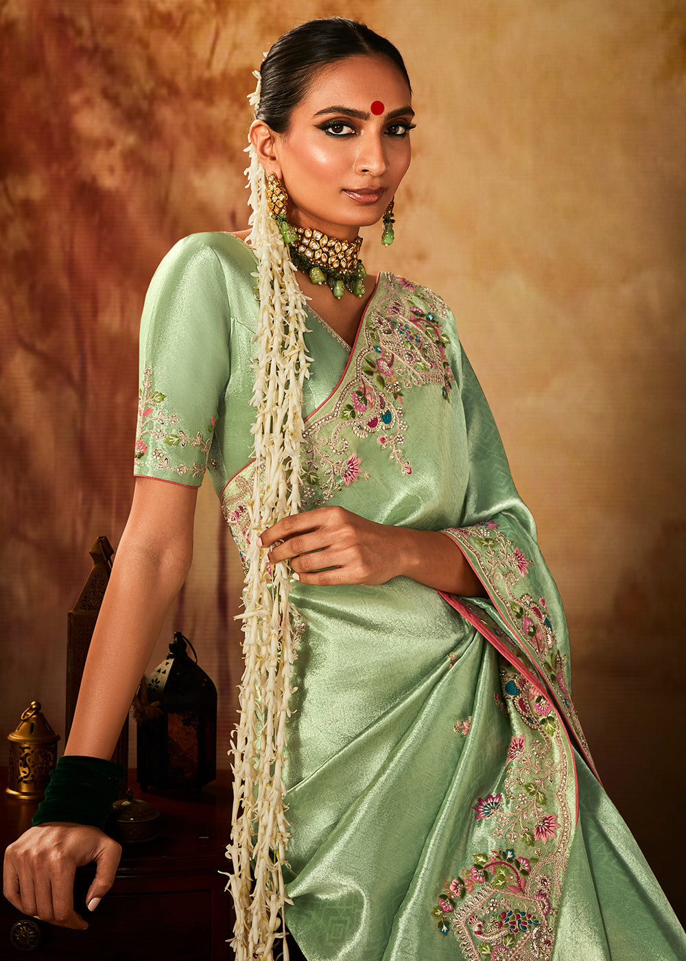 Emerald Green Woven Banarasi Silk Saree with Sequin,Stone,Zardosi,Khatli & Pearl work - qivii