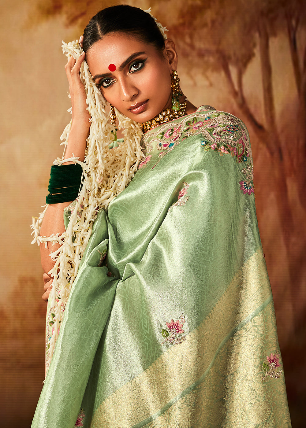 Emerald Green Woven Banarasi Silk Saree with Sequin,Stone,Zardosi,Khatli & Pearl work - qivii