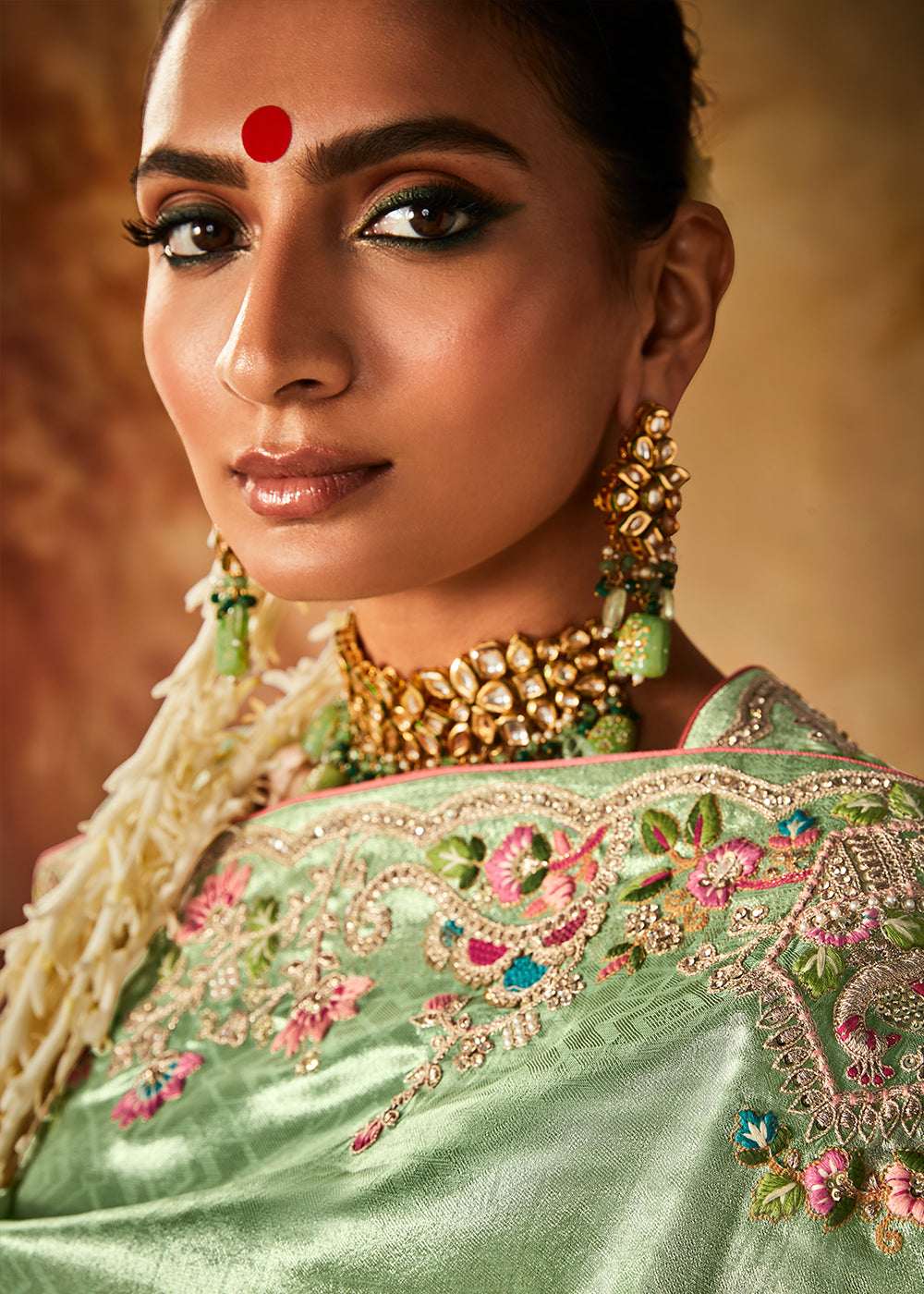 Emerald Green Woven Banarasi Silk Saree with Sequin,Stone,Zardosi,Khatli & Pearl work - qivii
