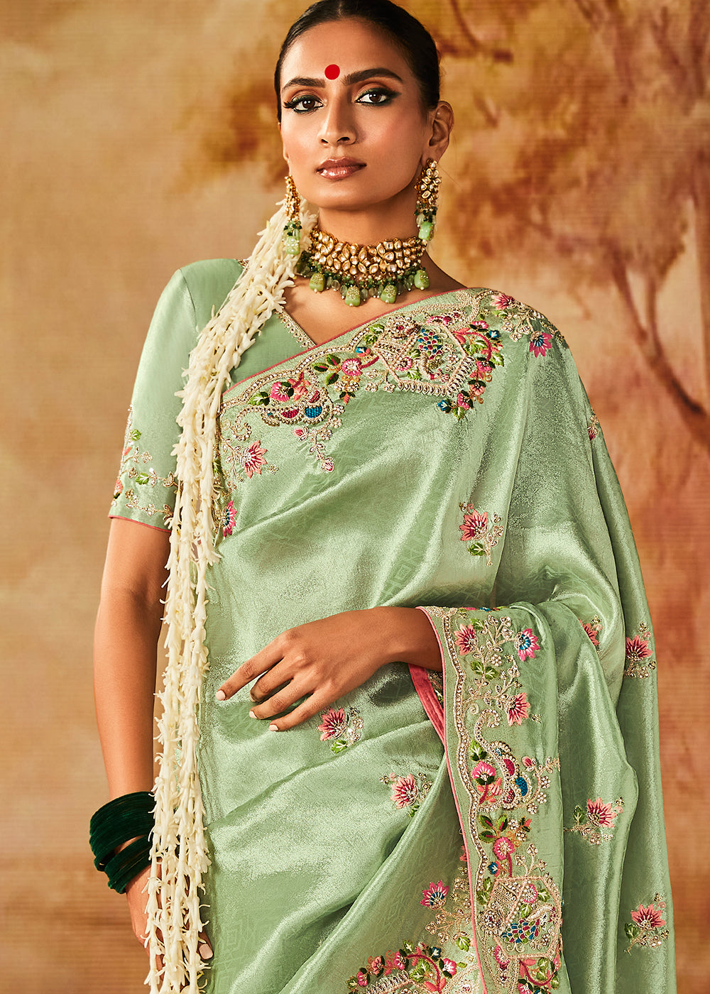 Emerald Green Woven Banarasi Silk Saree with Sequin,Stone,Zardosi,Khatli & Pearl work - qivii