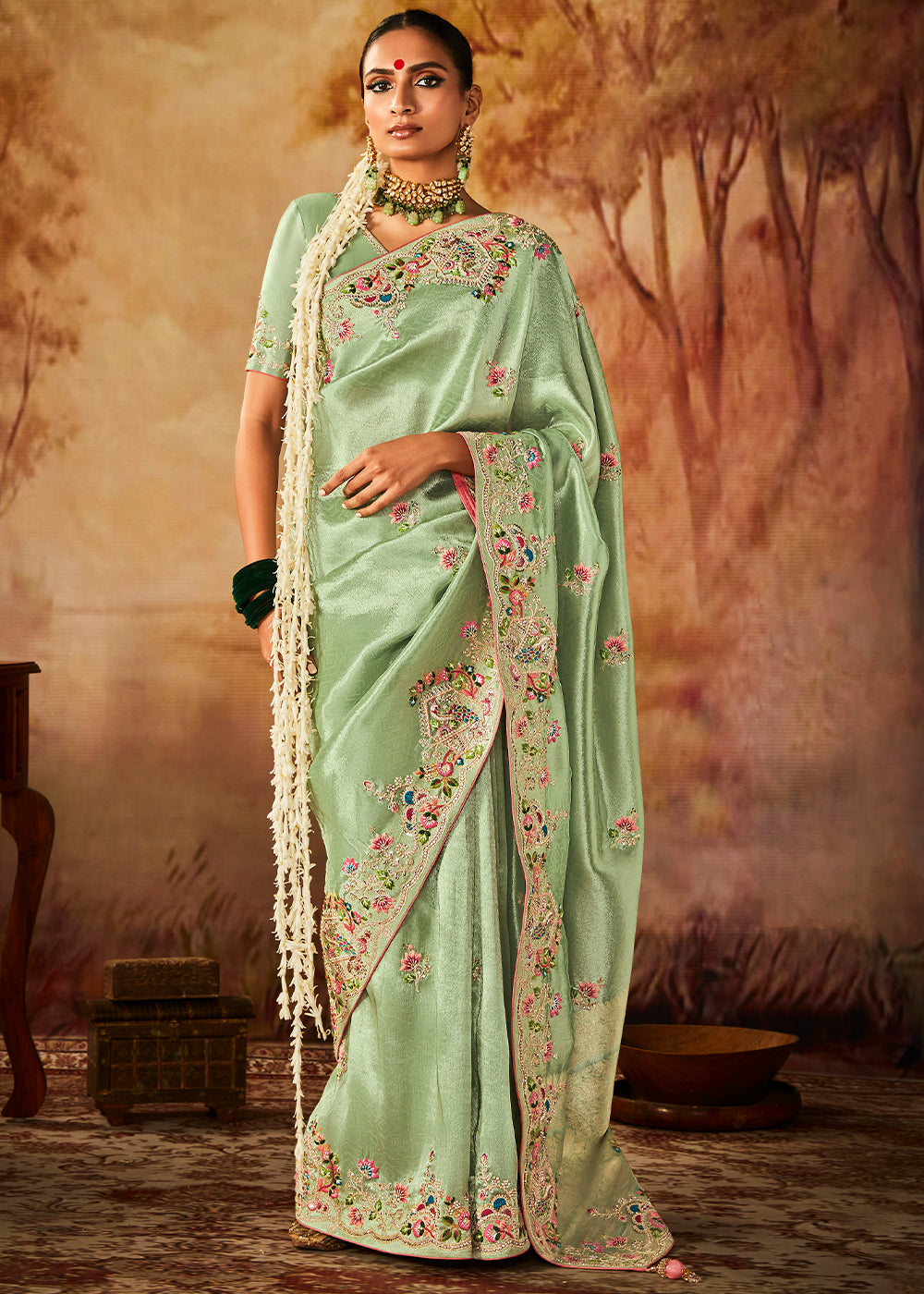 Emerald Green Woven Banarasi Silk Saree with Sequin,Stone,Zardosi,Khatli & Pearl work - qivii