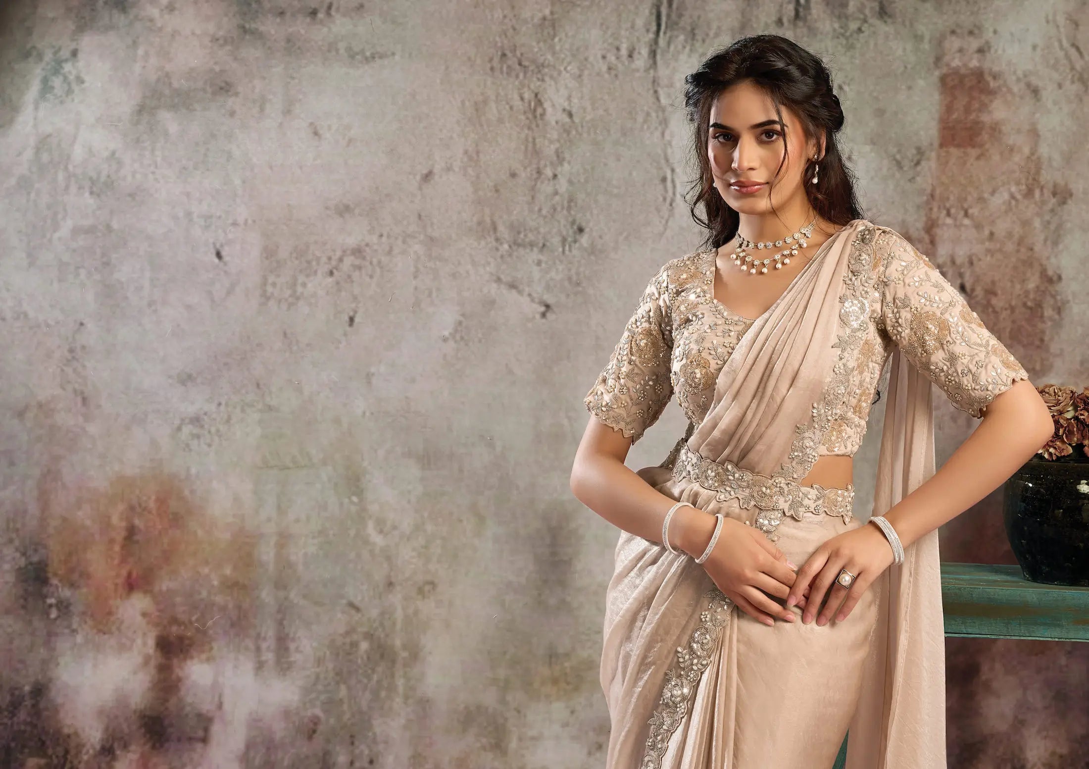 Frosted Peach Ready To Wear Saree