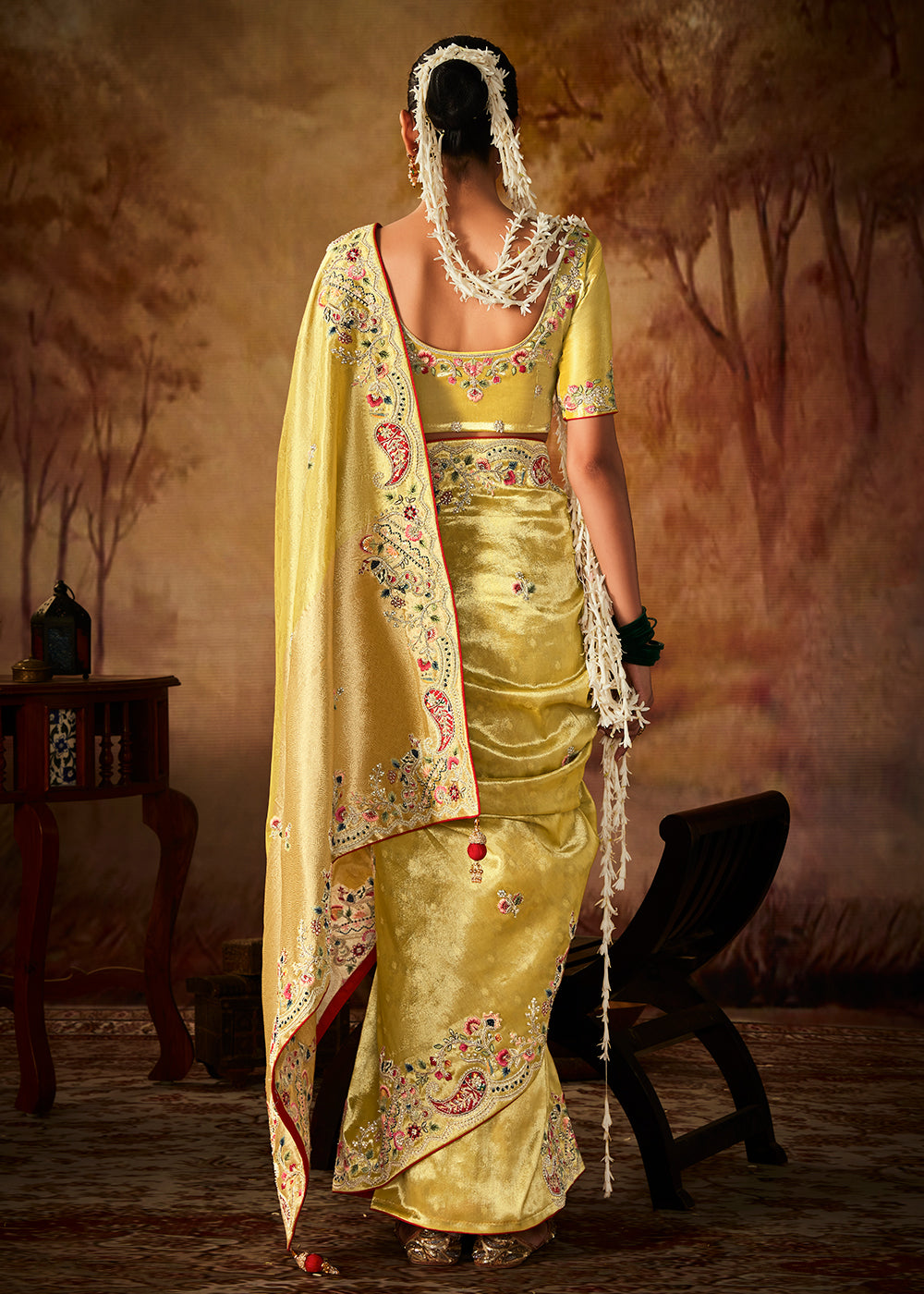Bumblebee Yellow Woven Banarasi Silk Saree with Sequin,Stone,Zardosi,Khatli & Pearl work - qivii