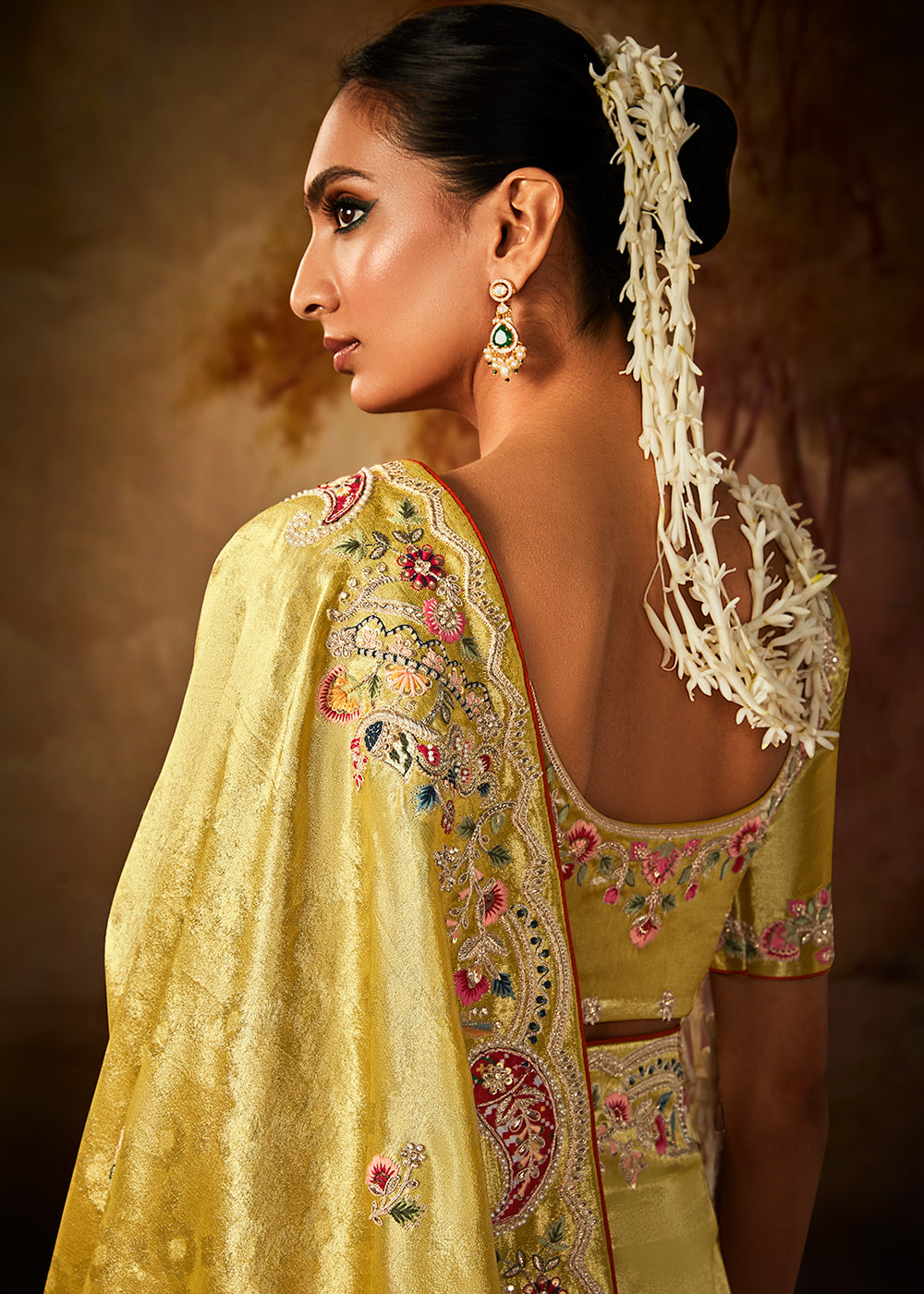 Bumblebee Yellow Woven Banarasi Silk Saree with Sequin,Stone,Zardosi,Khatli & Pearl work - qivii