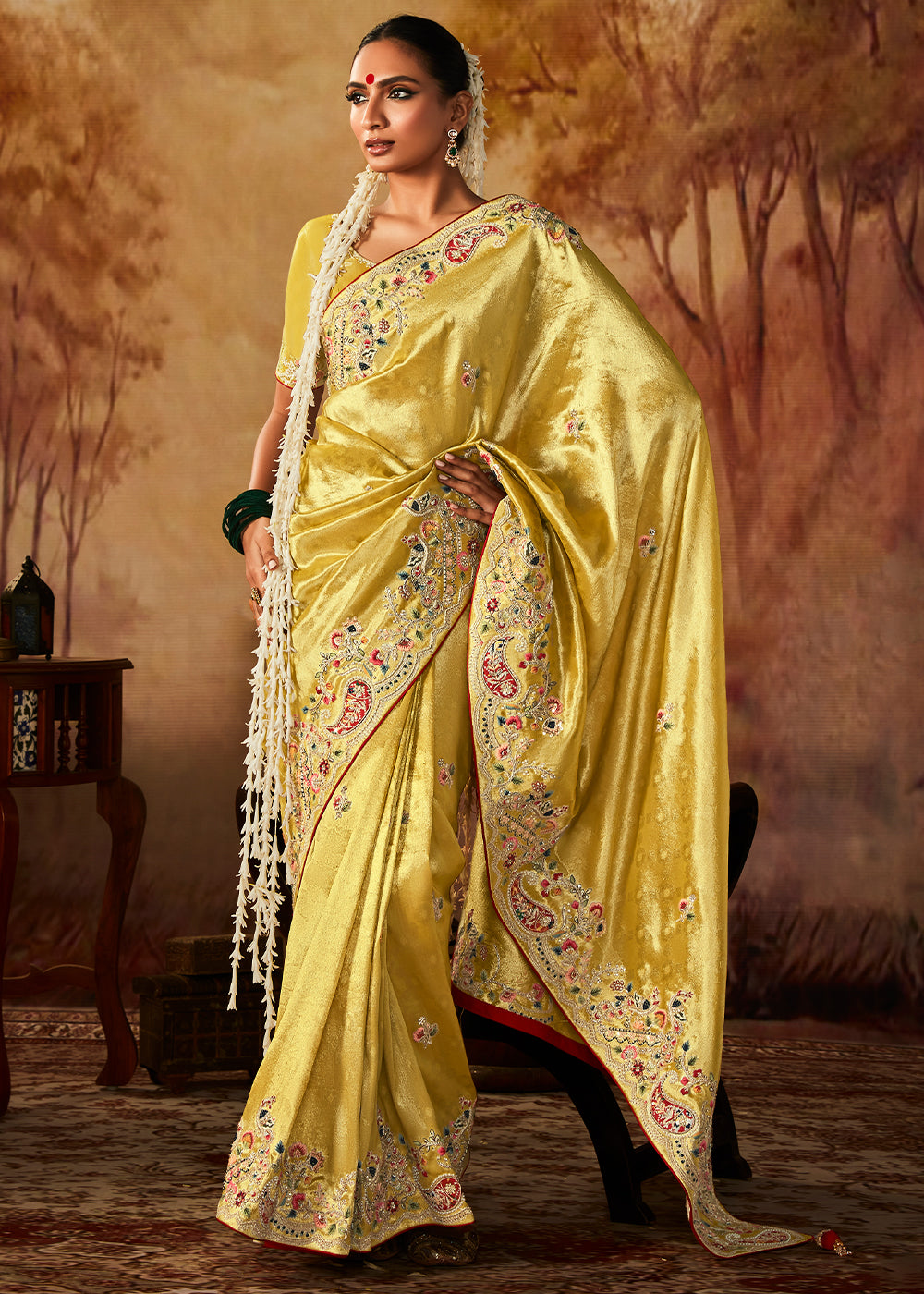 Bumblebee Yellow Woven Banarasi Silk Saree with Sequin,Stone,Zardosi,Khatli & Pearl work - qivii