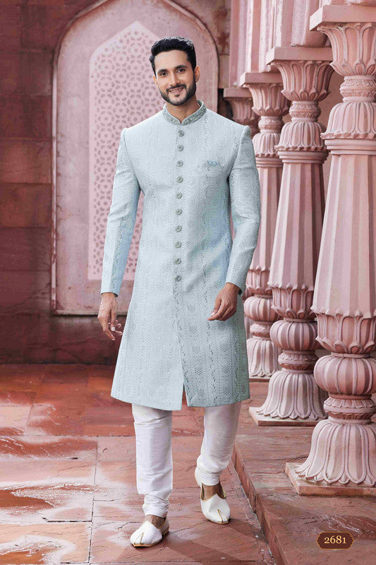 Men's Sky Blue Art Silk Thread Work Sherwani Set