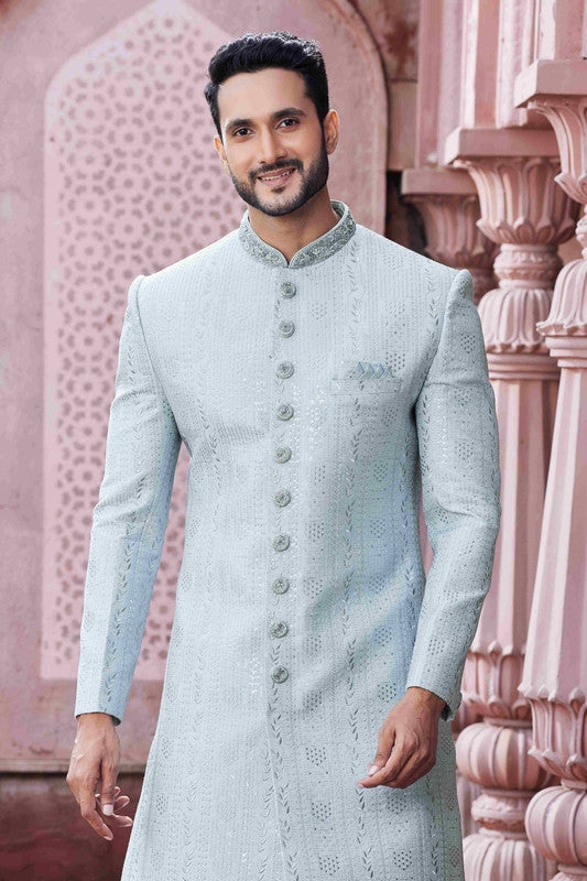 Men's Sky Blue Art Silk Thread Work Sherwani Set