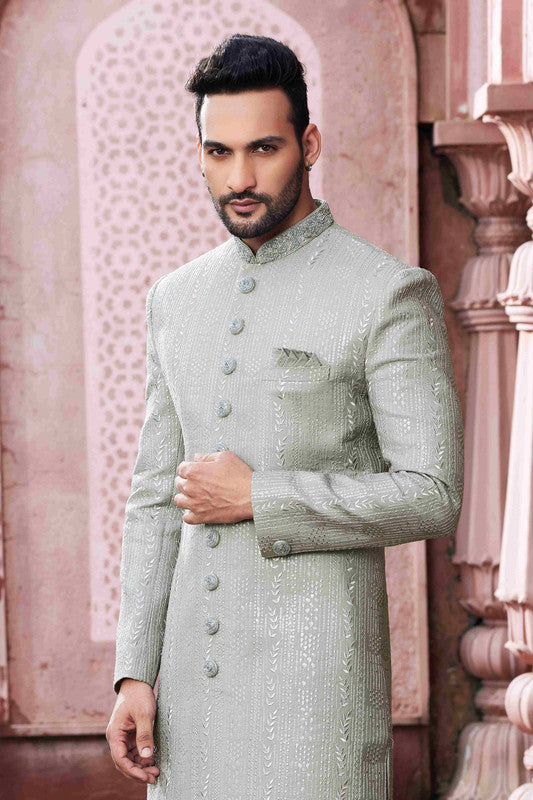 Men's Sea Green Art Silk Thread Work Sherwani Set