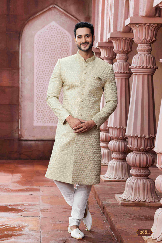 Men's Beige Art Silk Thread Work Sherwani Set