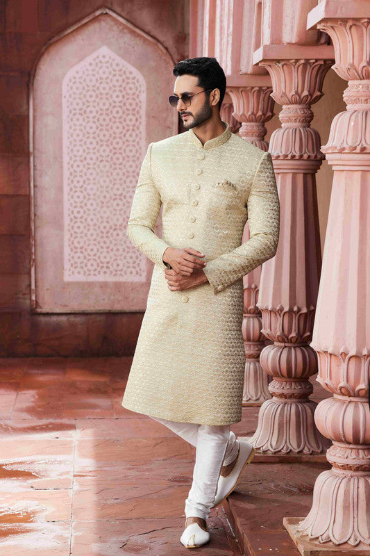 Men's Beige Art Silk Thread Work Sherwani Set