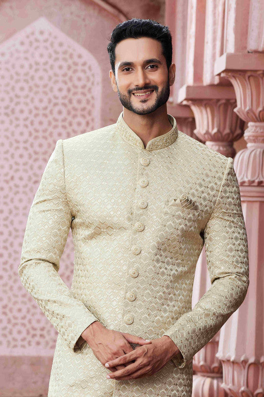 Men's Beige Art Silk Thread Work Sherwani Set