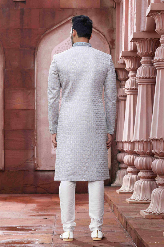 Men's Grey Art Silk Thread Work Sherwani Set