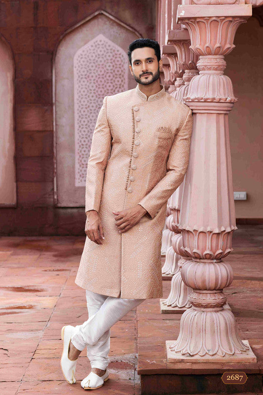 Men's Peach Art Silk Thread Work Sherwani Set