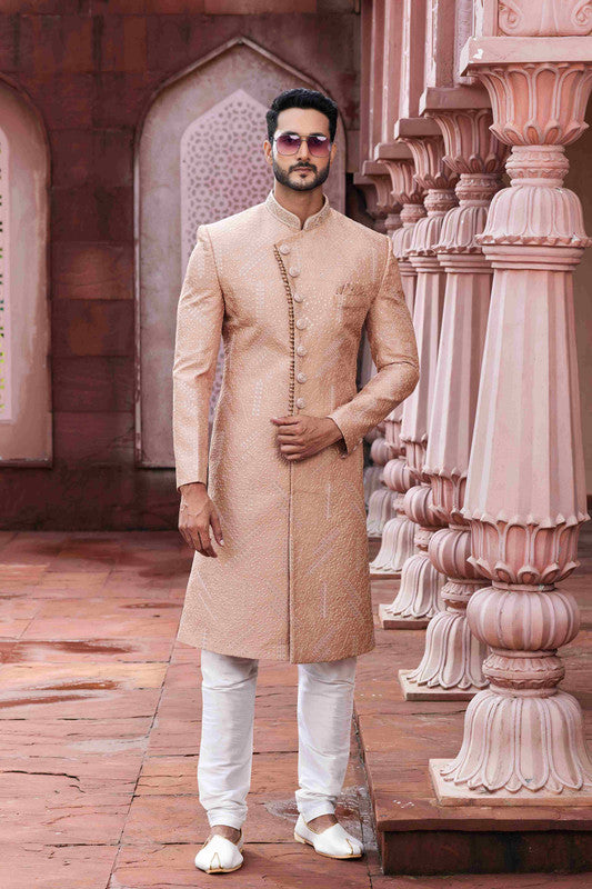 Men's Peach Art Silk Thread Work Sherwani Set