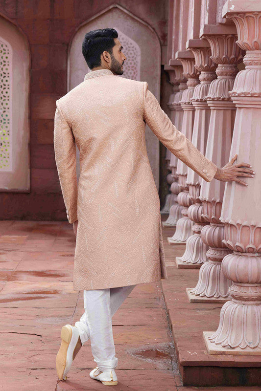 Men's Peach Art Silk Thread Work Sherwani Set