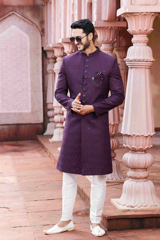 Men's Wine Art Silk Thread Work,Embroidery Sherwani Set