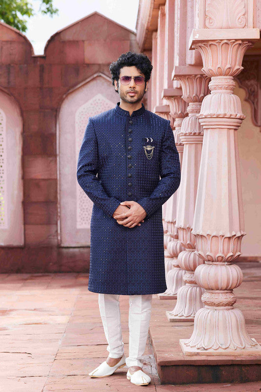 Men's Navy Blue Art Silk Thread Work,Embroidery Sherwani Set