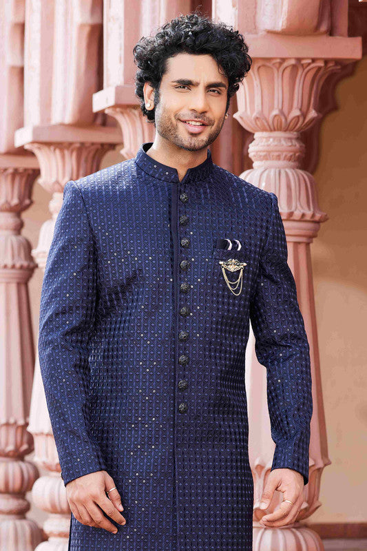 Men's Navy Blue Art Silk Thread Work,Embroidery Sherwani Set