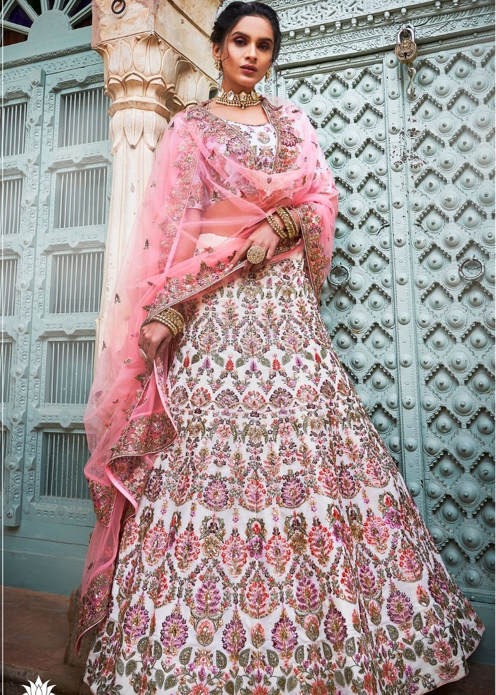 Off White Georgette Lehenga Choli with Thread, Sequins, Zari and Zarkan work | Ready To Wear - qivii