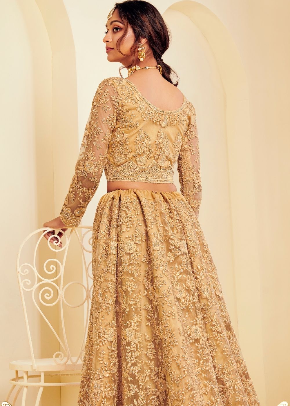 Antique Golden Soft Net Lehenga Choli with Cording Embroidery & Stone work | Ready To Wear - qivii