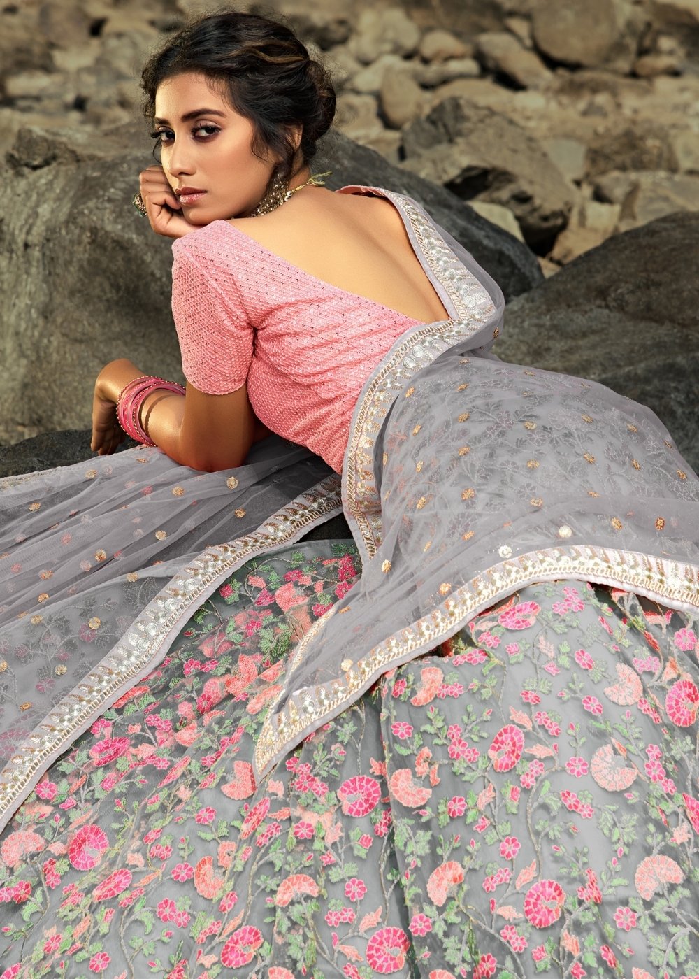 Seal Grey Designer Soft Net Lehenga Choli with Sequins, Thread & Zari work | Ready To Wear - qivii