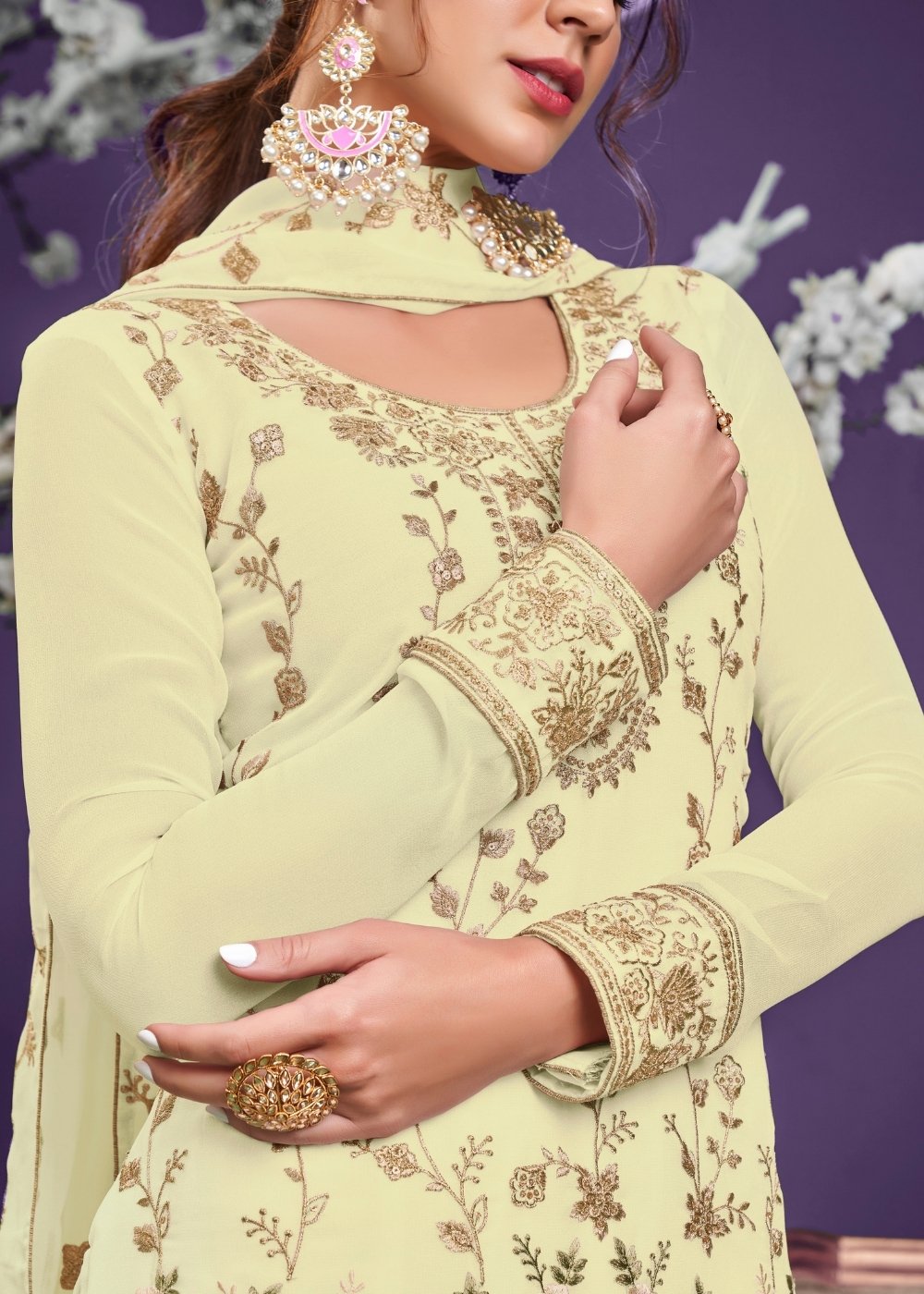 Banana Yellow Georgette Salwar Suit with Thread, Zari & Sequence work - qivii