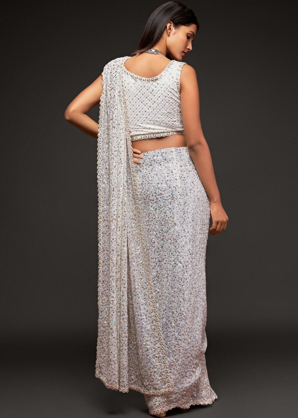 Pearl White Sequins & Thread Embroidered Designer Georgette Saree - qivii
