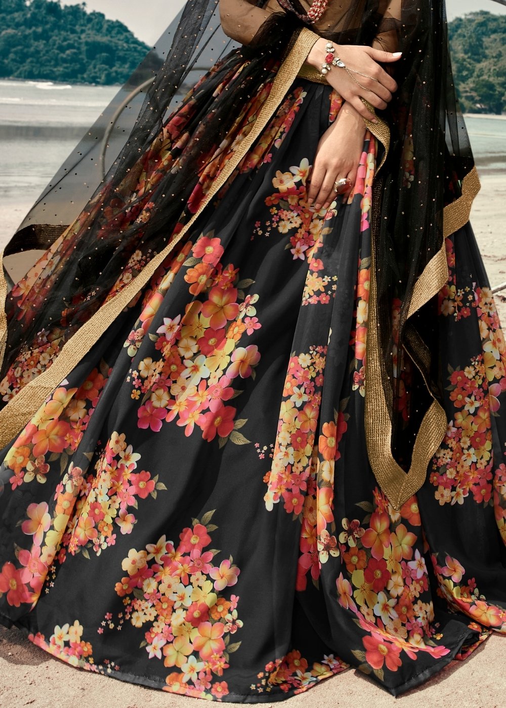 Onyx Black Designer Printed Organza Lehenga with Soft Net Dupatta | Ready To Wear - qivii