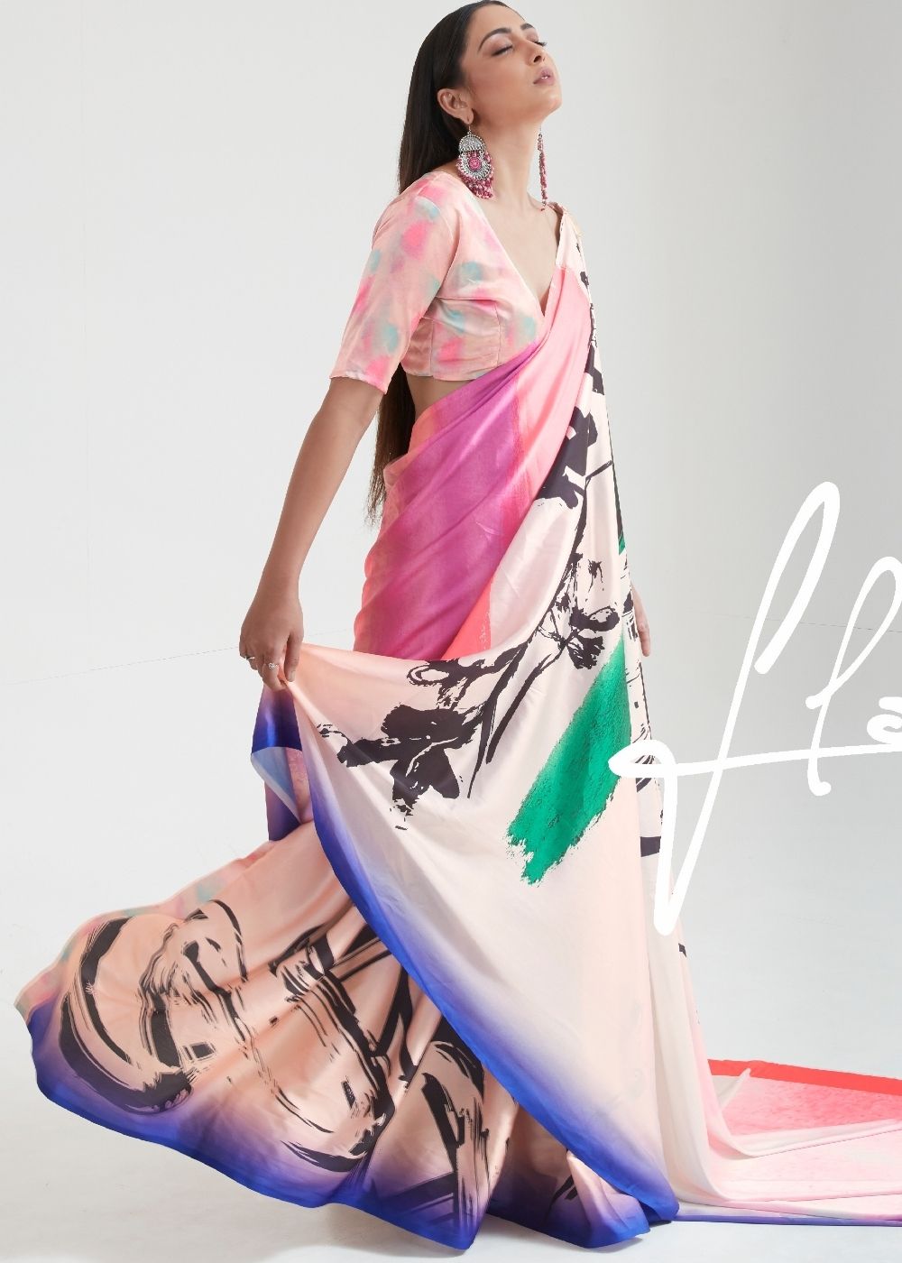 Baby Pink Satin Silk Digital Printed Saree - qivii