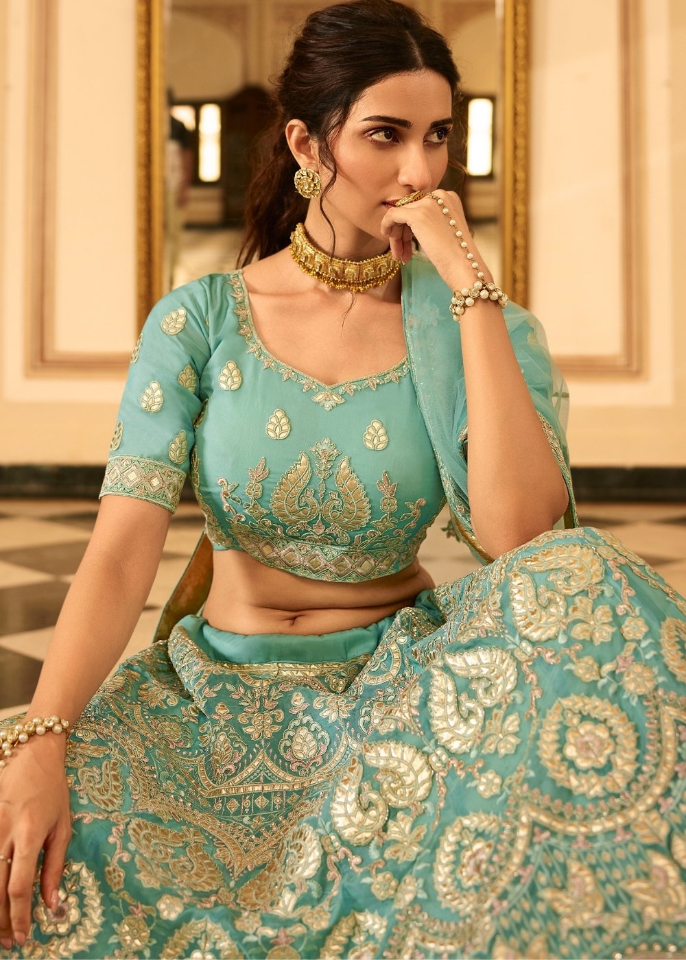 Turquoise Blue Organza Lehenga Choli with Zari, Dori, Resham, Gota & Zarkan work | Ready To Wear - qivii
