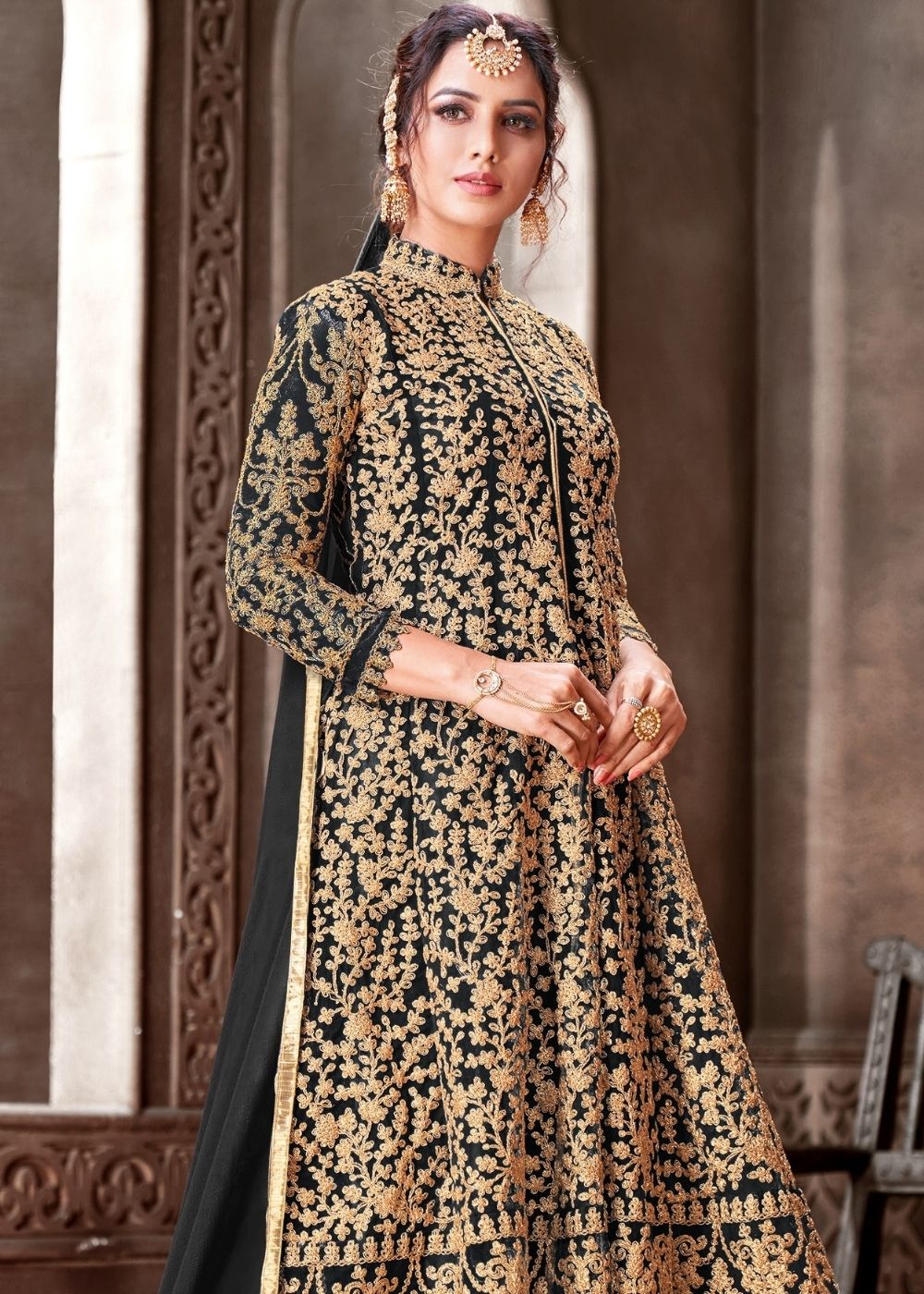 Women's Wear Designer Collection Black Color Georgette Long Anarkali Dress Engagement Ceremony top Wear Heavy Embroidery Work Anarkali Gown Suit