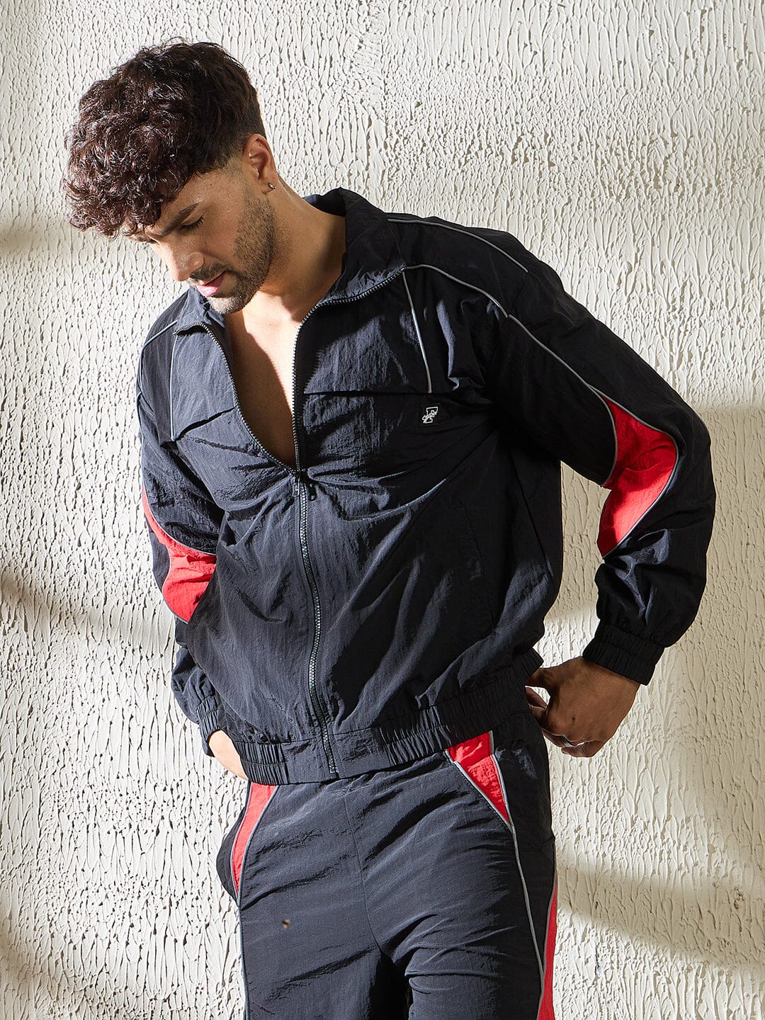 Black and Red Crinkle Windbreaker Jacket