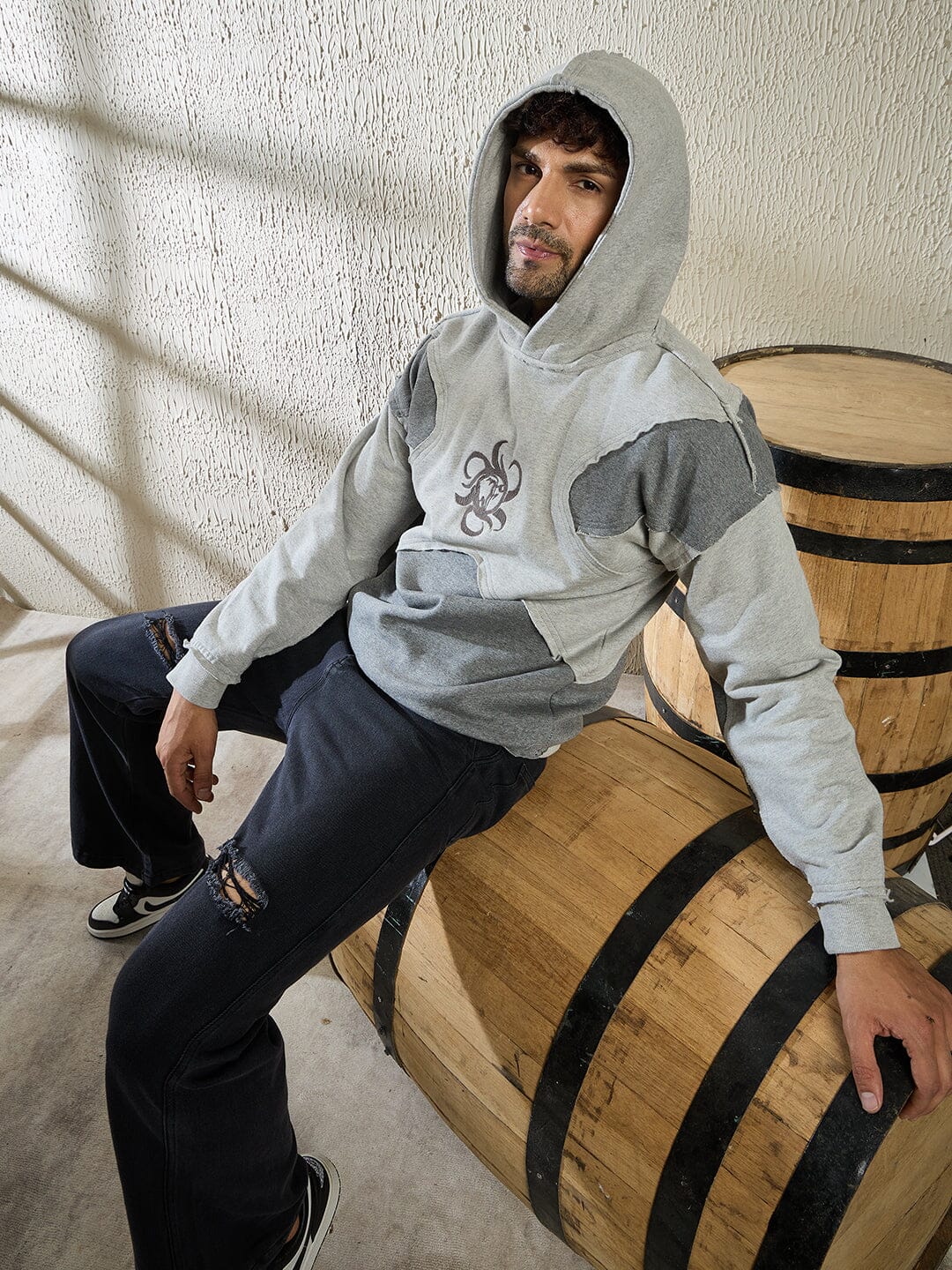 Grey and Charcoal Cut and Sew Hooded Sweatshirt