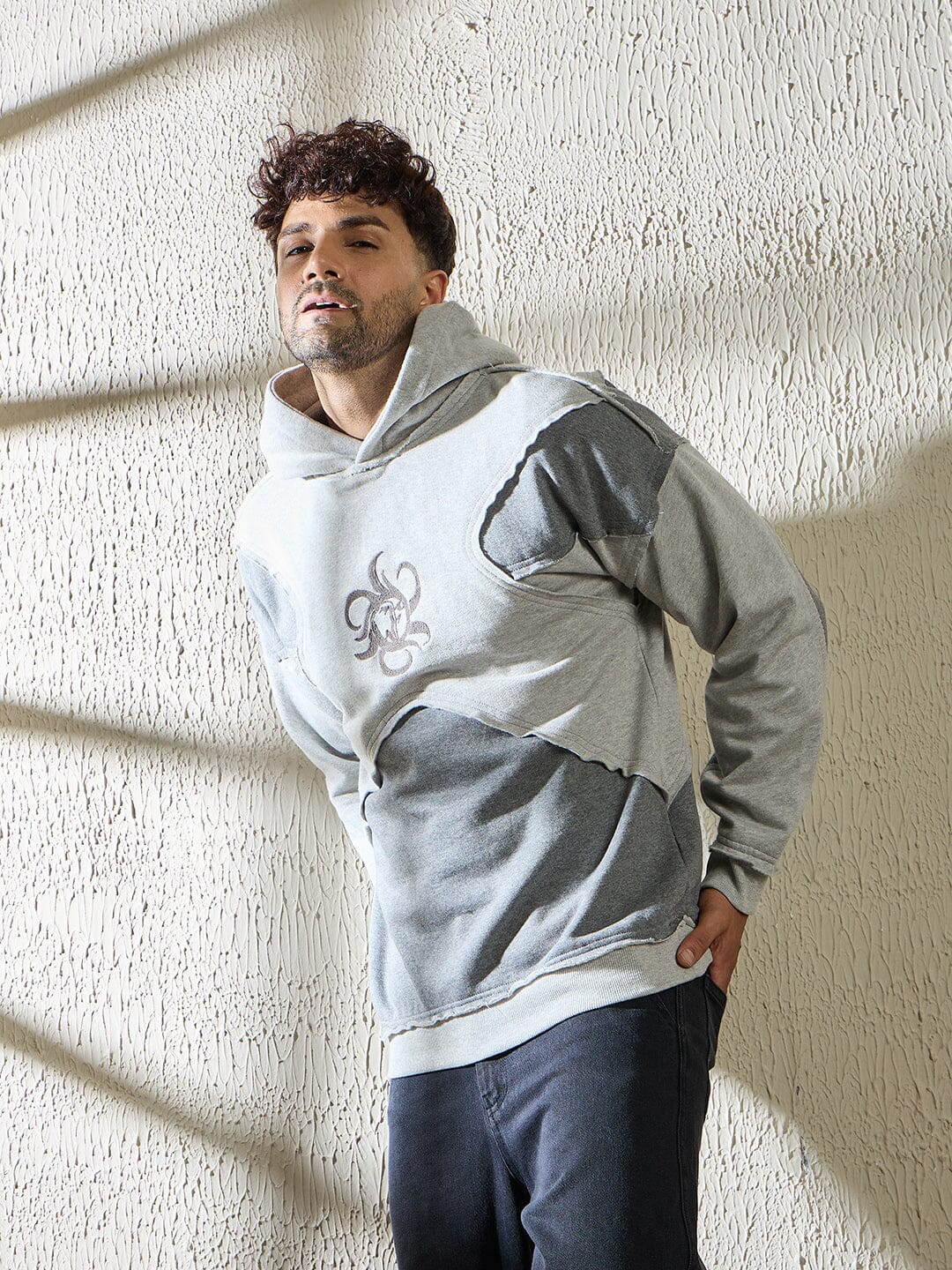 Grey and Charcoal Cut and Sew Hooded Sweatshirt